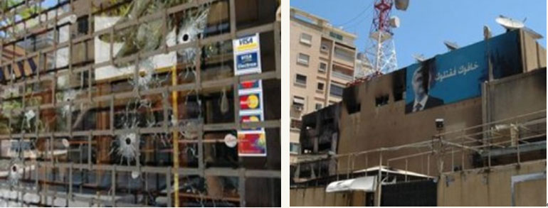 繁華街のハムラ通りの商店のショーウインドウに残った銃弾の跡(左)/親シリア派民兵の焼き打ちにあったハリリ氏が所有するムスタクバル・テレビ。壁の肖像は元ハリリ首相